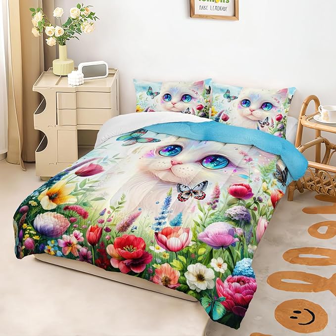 AILONEN Fairy Cat Kids Comforter Set Twin Size, Colorful Floral Butterfly Cartoon Kawaii Bedding Set for Girls, Fantasy Comforter with 2 Pillowcases, Beautiful Cat Duvet Set 3 Pieces