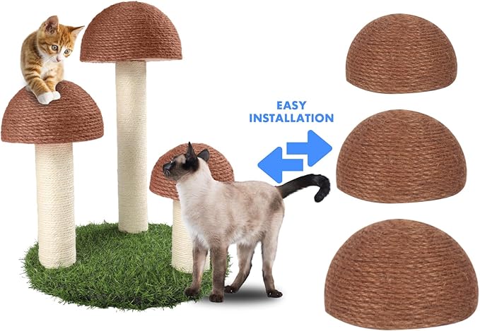 PowerKing Replacement Cat Scratching Post Caps, 3 Pieces Natural Sisal Mushroom Caps Cat Scratch Post Refill Parts for Refurbishment Decoration (Brown)