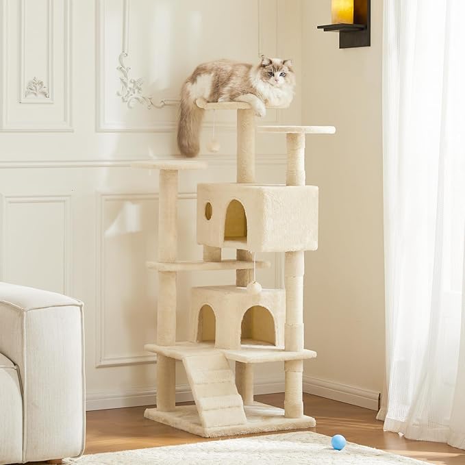 Sweetcrispy 54-Inch Cat Tree Tower – Multi-Level Cat Tower with Sisal Scratching Post, Perfect Cat Gift, Indoor Cat Tree with Condo, Climbing Ladder, Plush Toy, and More Cat Stuff，Beige