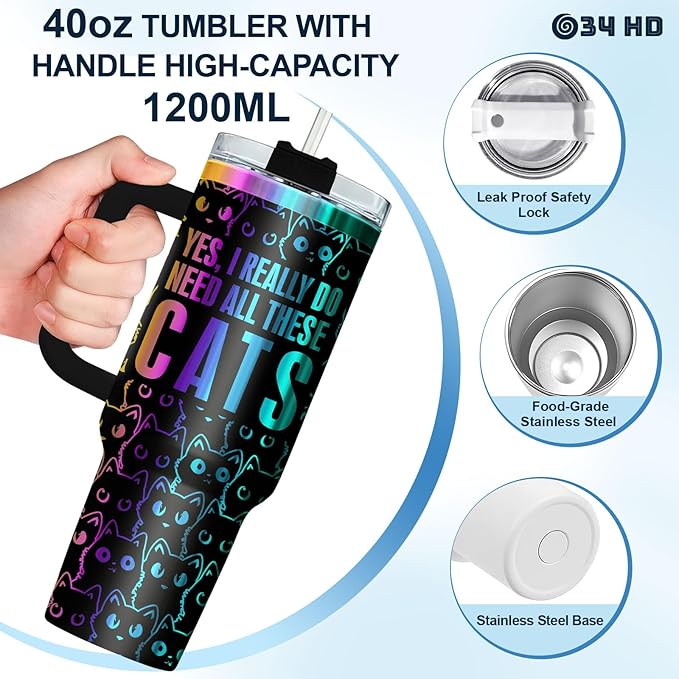 34HD Laser Engrave Black Cat Tumbler with Handle & Straw, 40oz Yes I Do Really Need All These Cats Cup, Cat Lover Gifts for Women Birthday Mother Day Father Day Christmas