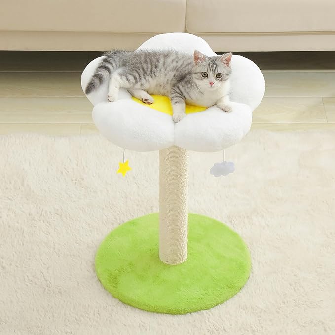 Cute Cat Scratching Post, Flower Cat Tree for Indoor Cats, Cat Scratcher with Bed, Sisal Scratch Posts Kittens Bed Large Perch Modern Small Cat Tower with Hanging Toys