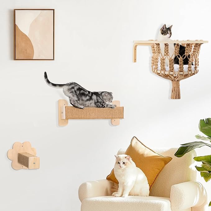 Cat Wall Shelves, Cat Wall Hammock with Scratching Post and Cat Step, Cat Wall Furniture for Climbing, Playing and Sleeping, Cat Shelves and Perches for Wall for Indoor Large Cats or Kittens
