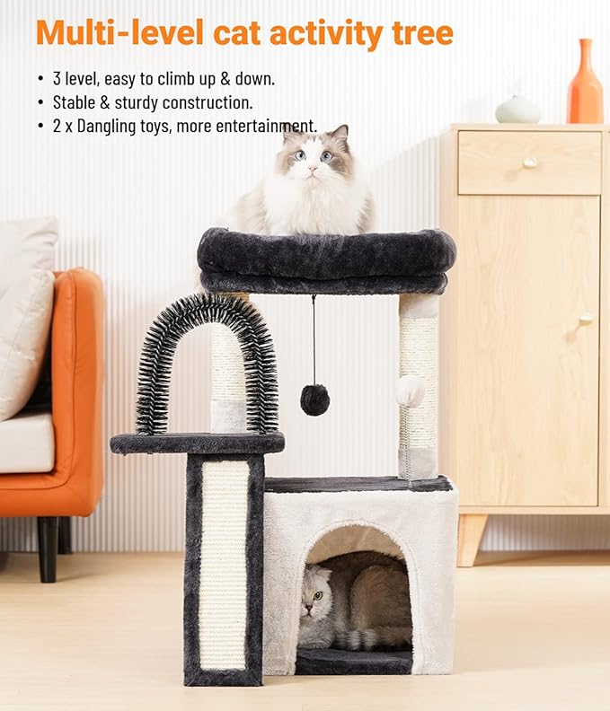 Happi N Pets Cat Tree Tower for Indoor Cats, Multi-Level Cat Tree with Scratching Posts & Pads, Cozy Cat Perch, Cat Self Groomer and Interactive Toys, Featuring with Large Cat Cave, Light Gray