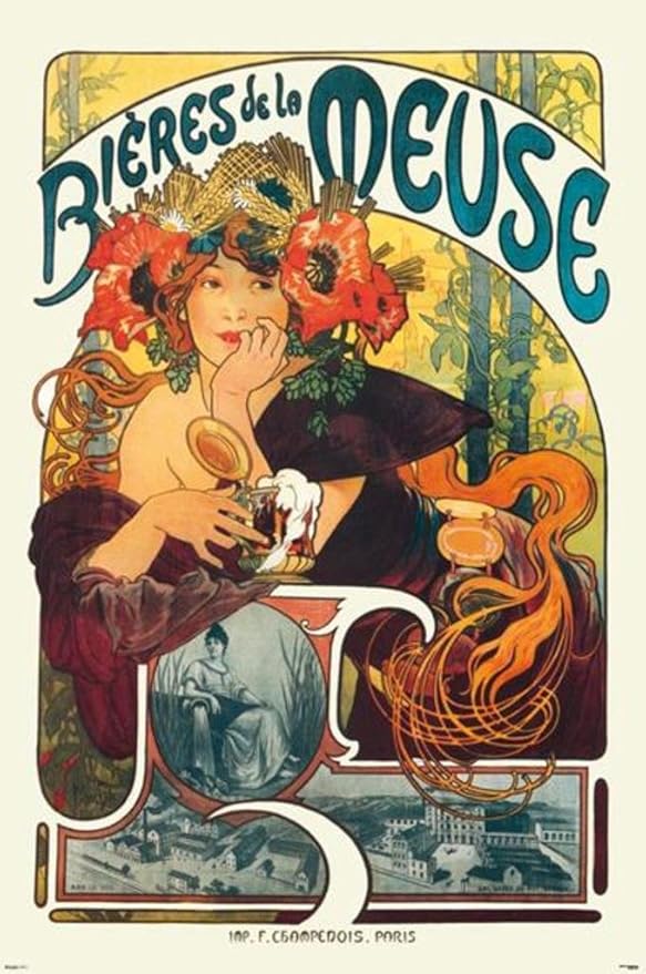 Alphonse Mucha Bieres De La Meuse Art Print Art Nouveau Vintage Beer Advertisement French France 1897 Poppies Wheat Hops Summer Seasons Cool Wall Art Print Poster 24x36