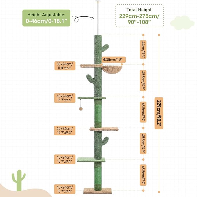 PAWZ Road Cat Tree, Cactus Floor to Ceiling Cat Tower with Adjustable Height(95-108 Inches), 5 Level Cat Climbing Tower with Cozy Hammock, Platforms and Dangling Balls for Indoor Cats