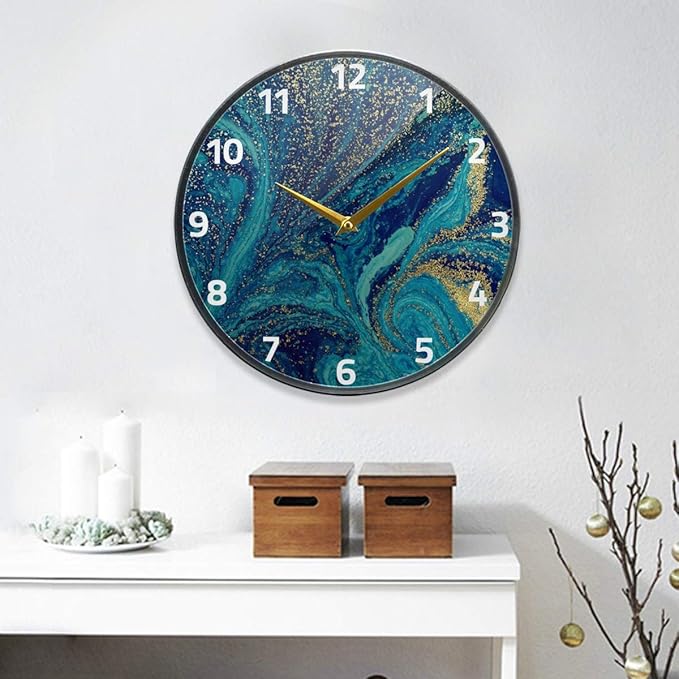 ALAZA Marble Abstract Blue and Gold Wall Clock Battery Operated Silent Non Ticking Clocks for Living Room Decor 12 Inch / 9.5 Inch