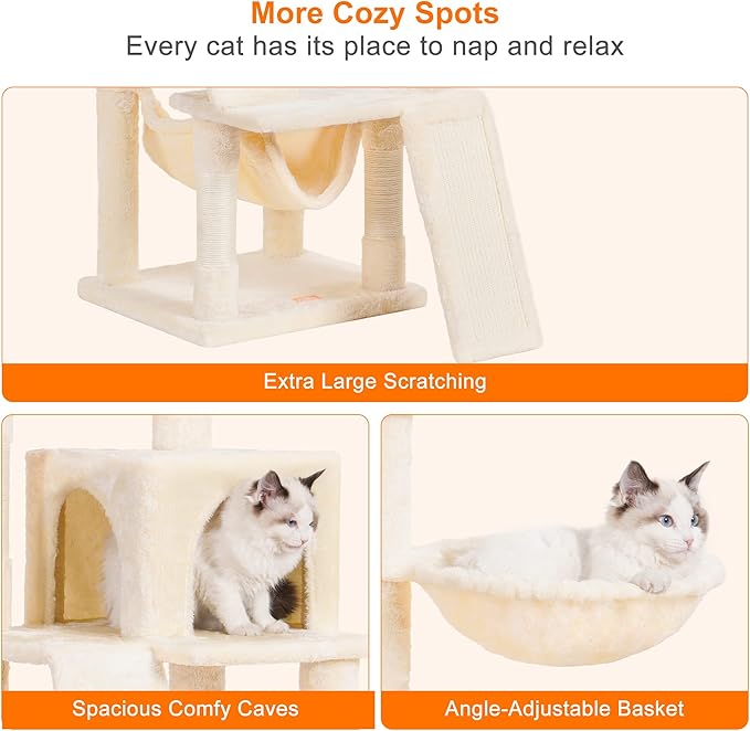 Heybly Cat Tree, Cat Tower for Indoor Cats,Multi-Level Cat Furniture Condo for Cats with Padded Plush Perch, Cozy Basket and Scratching Board Beige HCT014M