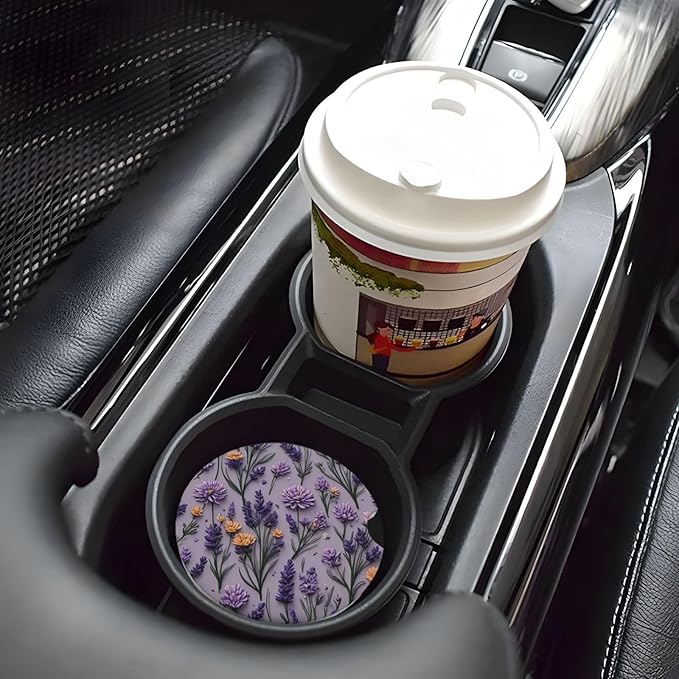 Absorbent Ceramic Car Coasters for Cup Holders, Purple Lavender Flower Design 2.56" Anti Slip Universal Drink Cup Coasters for Women Men (2 Pack)