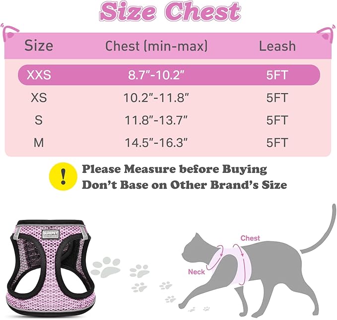 Cat Harness and Leash for Walking Escape Proof, Adjustable Kitten Vest Harness Reflective Soft Mesh Puppy Harness for Outdoor, Comfort Fit, Easy to Control (Lpink, XXS)