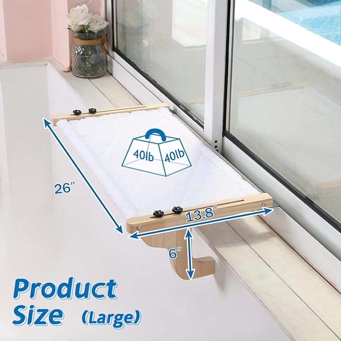 Easy Seat Cat Perch for Window Sill - Hammock Design w/Pine Wood & Robust Metal Frame - Cat Window Seat for Large Cats and Kittens (Natural Color Wood w/White Bed, Large (26''W x 14''D))