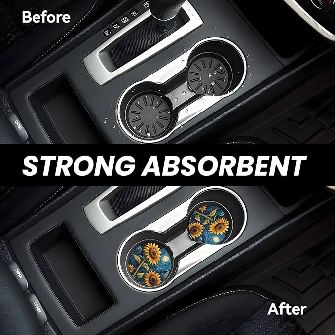 Absorbent Ceramic Car Coasters for Cup Holders, Sunflower Starry Sky Oil Painting Design 2.56" Anti Slip Universal Drink Cup Coasters for Women Men (2 Pack)