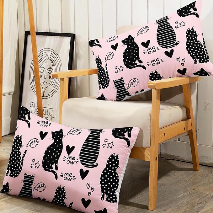AILONEN Black Cat Comforter Set Queen Size,Pink and Black Soft Microfiber Kitted Bedding Set,3-Piece Cat Lover Bedroom Comforter with 2 Pillowcases