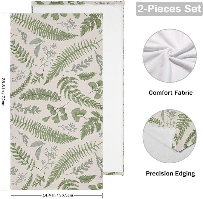 2 Pack Farmhouse Leaf Hand Towels for Bathroom,Soft Absorbent Tropical Sage Green Leaves Fern Wildflower Plant Kitchen Dish Towels,Decorative Guest Bathroom Towels for Face,Shower,Gym 14"x28"