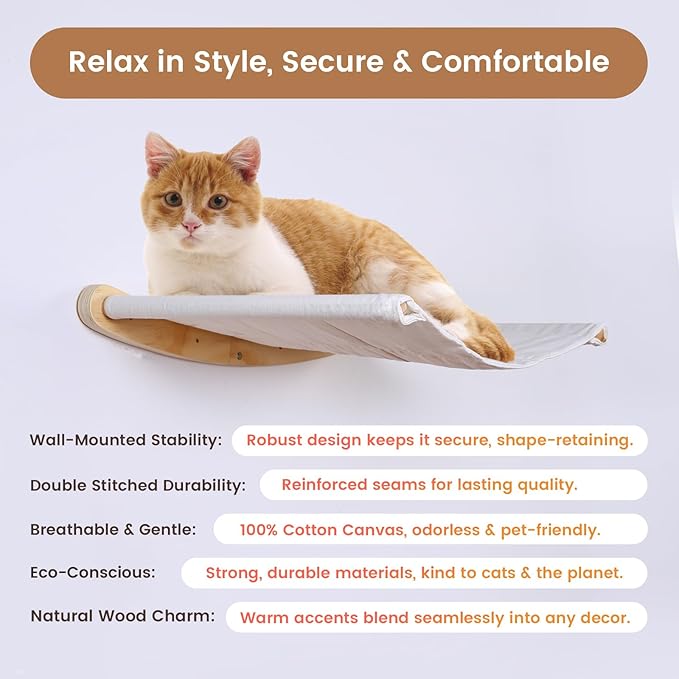Cat Wall Shelves & Hammock Premium Durable Wood Construction Comfy Cat Beds for Large Cats & Kittens Ideal Indoor Cat Furniture for Climbing, Sleeping & Play (21 * 18.5 Inch Cotton Canvas)