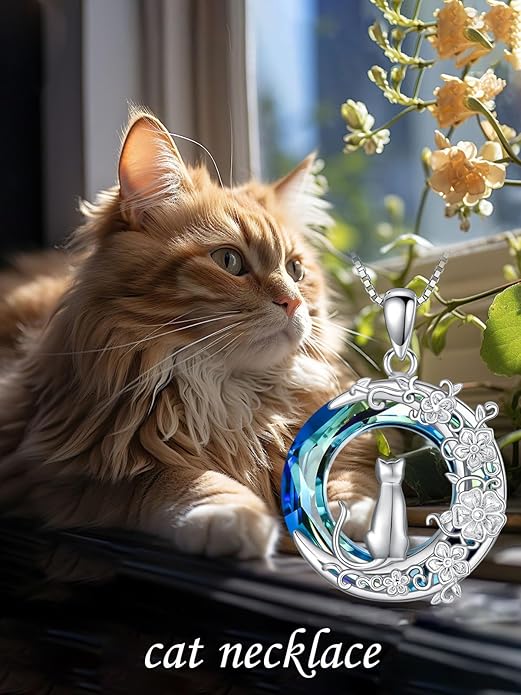 TOUPOP Cat Gifts for Women Sterling Silver Cat Necklaces with Circle Crystal Cat Lovers Jewelry Gifts for Women Girls Birthday Christmas