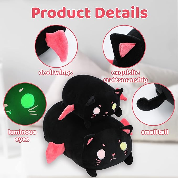 AIXINI Cute Black Cat Plush Pillow 15.7 Black Kitten Stuffed Animal with Luminous Eyes, Fat Soft Kawaii Plushies Hugging Plush Squishy Pillow Toy Gifts for Kids Bedding Sleeping