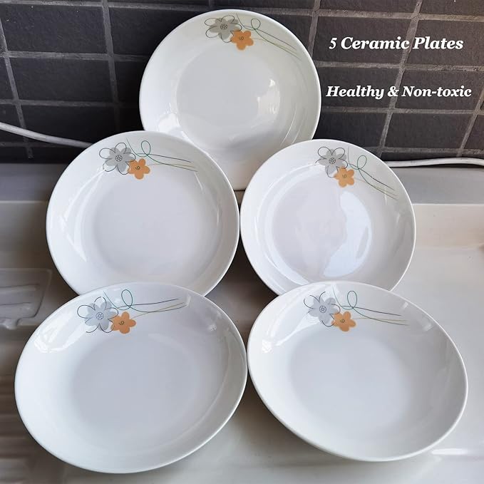 5 Pack Porcelain Plates with Yellow Flower Pattern, 7 inch Large Dessert Salad Ceramic Dinner Plates, Ceramic Dessert Dishes for Steak, Pasta, Pizza, Appetizer ( Dishwasher Safe & Microwave Safe)