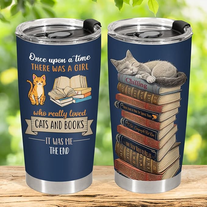 34HD Cat Coffee Tumbler with Lid, 20 oz Stainless Steel Vacuum Insulated Cat Book Travel Mug, Birthday Christmas Mothers Day Gifts for Pet Lovers Women Mom Librarian Her