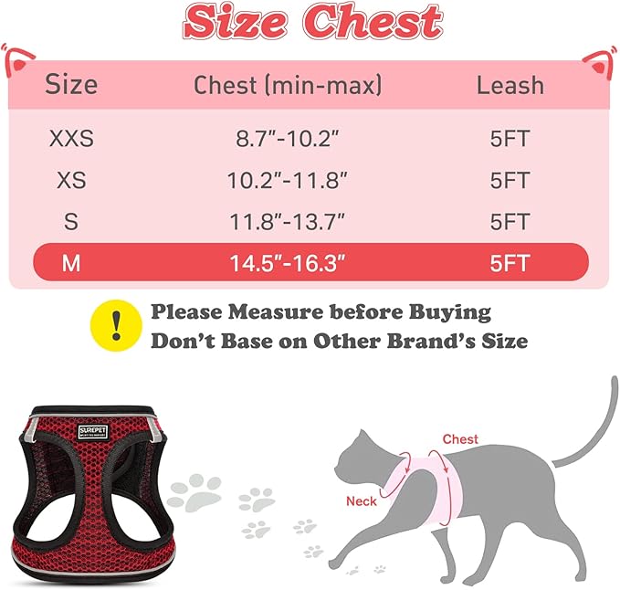 Cat Harness and Leash for Walking Escape Proof, Adjustable Kitten Vest Harness Reflective Soft Mesh Puppy Harness for Outdoor, Comfort Fit, Easy to Control (Red, M)