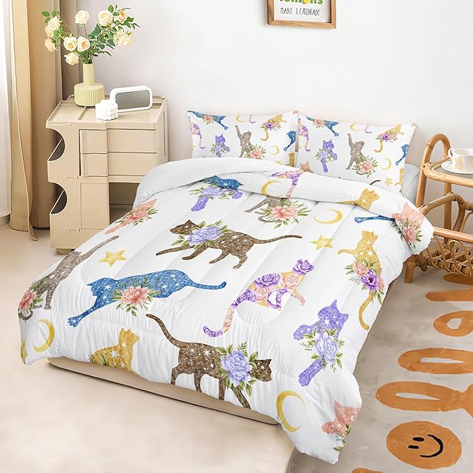 AILONEN Floral Cat Comforter Set Queen Size, 3-Piece Kids Soft Microfiber Kitted Bedding Set,Modern Shabby Chic Colorful Cat Comforter with 2 Pillowcases,Machine Washable