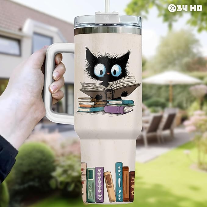 34HD Black Cat Mom Tumbler with Handle and Straw, 40oz Book Themed Cup Stainless Steel, Bookworm Coffee Mug, Cat and Book Birthday Gifts for Women Men Friends