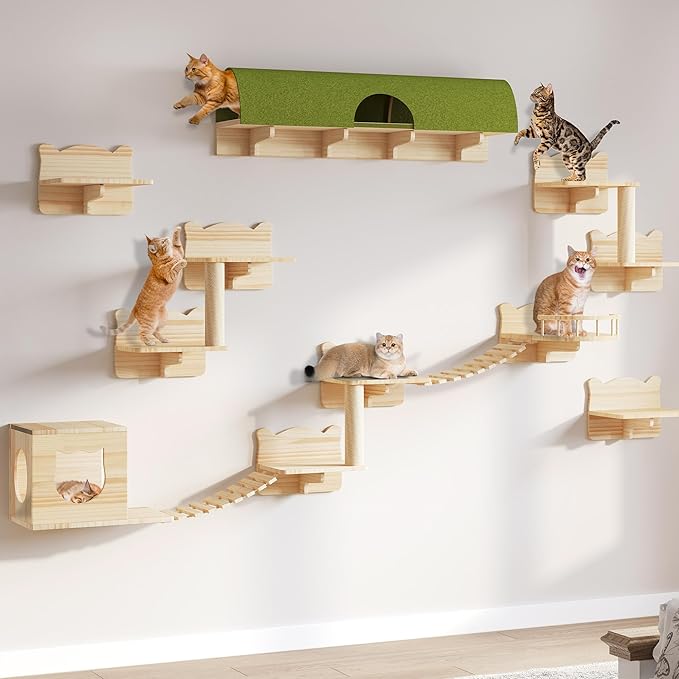 YITAHOME Cat Wall Shelves and Perches for Wall, Solid Wood Wall Mounted Cat Furniture 16 Piece Set, Cat Climbing Shelves Playground Scratching Post with 8 Steps Indoor Mounted Condos House