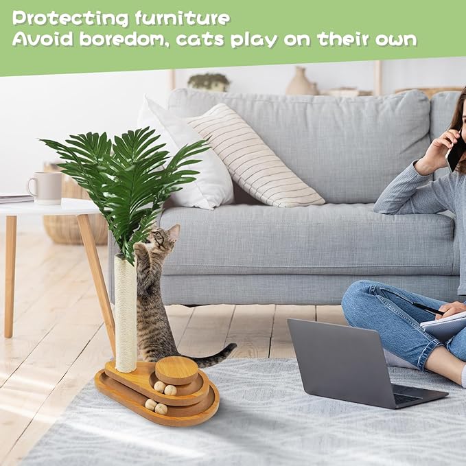 TONY HOBY Cat Scratching Post, Sisal Scratching Pole with Leaves, Interactive Cat Toy for Small Medium Cats (23.6 in, White)