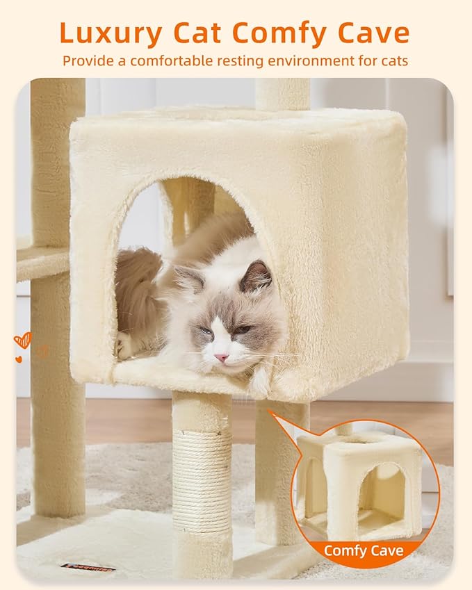 Taoqimiao Cat Tree, 48-Inch Cat Tower for Kittens, Cat Tree Tower with 5 Scratching Posts, Plush Cat Condo with Plush Perch, 2 Hammock, Pompoms, Light Gray MS019L-M