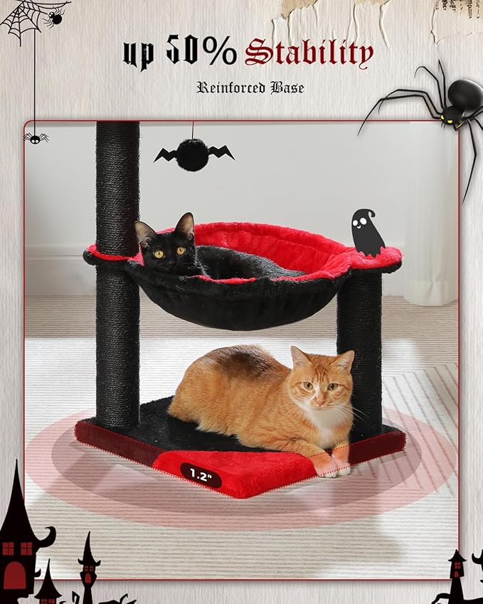 Gothic Cat Tree with Coffin Cat Bed, Spooky Cat Tree with Black Scratching Posts & Halloween Cat Tower & Large Hammock for Small Kittens, Cat Toy Black Bat Included
