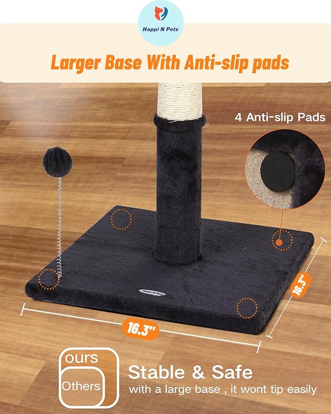 Happi N Pets 26" Cat Scratching Post with Perch, Natural Sisal Scratchers Trees for Indoor Cats, Featuring with Hanging Balls & Cozy Cat Bed, Stable Cat Scratch Posts for Kittens-Smoky Gray