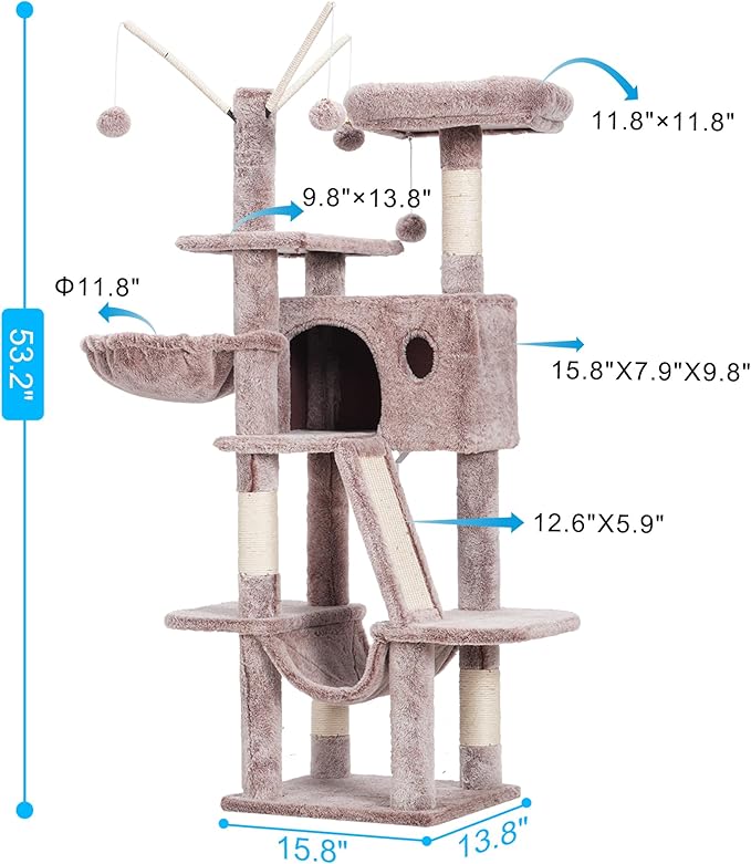 Hey-brother Cat Tree, 53 inch Cat Tower for Indoor Cats, Cat House with Padded Platform Bed, Toy Balls, Large Cozy Condo, Hammocks and Sisal Scratching Posts, Muchroom MPJ019-SMU