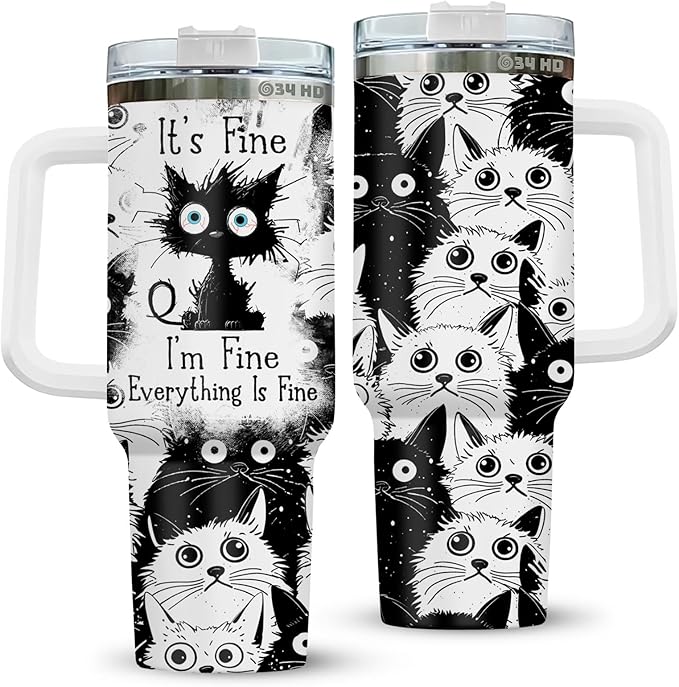 34HD Funny Black Cat Tumbler with Handle and Straw, 40oz Stainless Steel Vacuum Insulated Everything Is Fine Cup, Cat Lover Gifts for Women Birthday Mothers Day Halloween Christmas