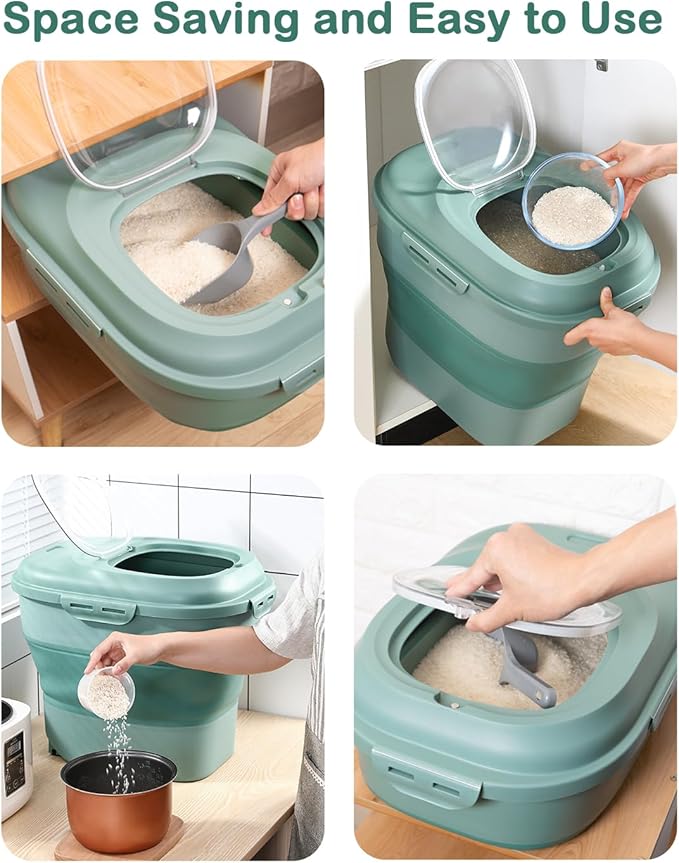 20-50 Lbs Food Storage Containers,Collapsible Rice Container with Wheel Airtight Locking Lid,Flour Storage Container with Small Food Container and Scoop,Suitable for Food,Rice,Pet Food,Flour