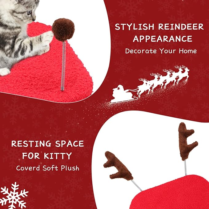 EMUST Christmas Cat Scratching Post for Indoor Cats, Natural Sisal Christmas Tree Scratching Post with Plush Hang Spring Ball Toys, Cute Small Kitten Scratching Post with Bed, Reindeer