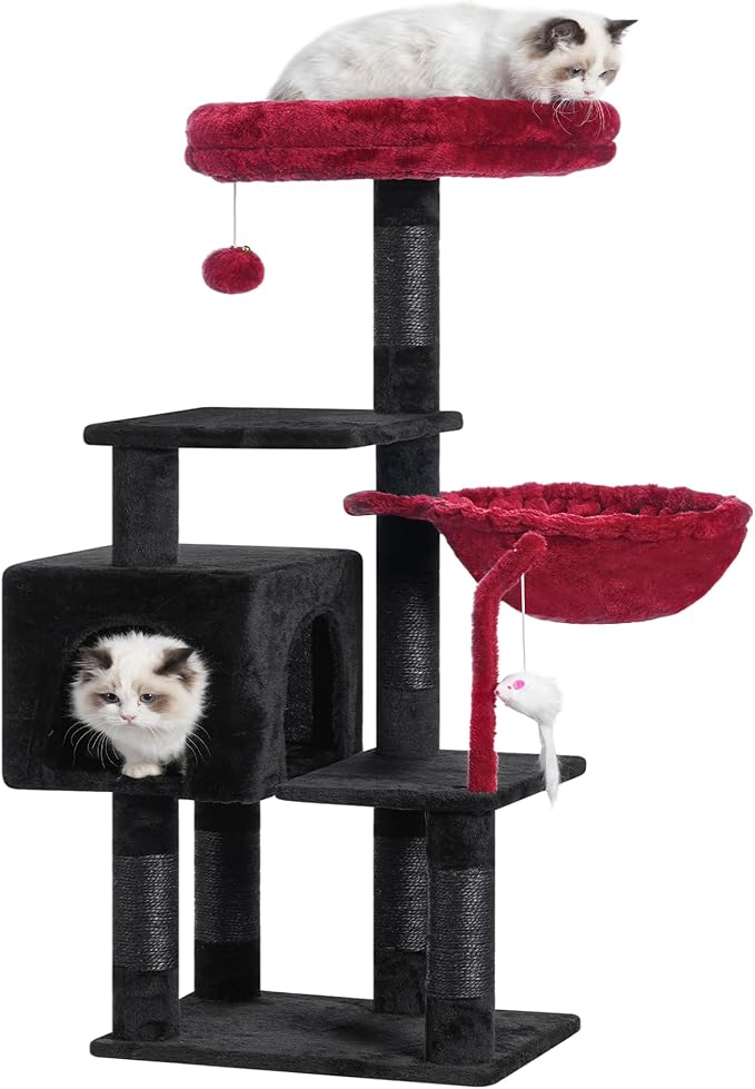 Heybly Cat Tree with Toy, Cat Tower condo for Indoor Cats, Cat House with Padded Plush Perch, Cozy Hammock and Sisal Scratching Posts, Black and Red HCT004SBR