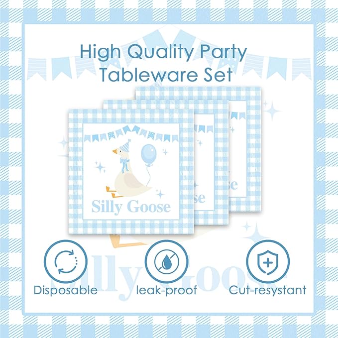 48Pcs One Silly Goose Birthday Decor Boy, Silly Goose 1st Happy Birthday Baby Shower Decorations with Blue Plates and Napkins Forks Set Party Supplies