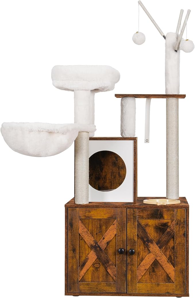 Heybly Cat Tree, Wood Litter Box Enclosure with Food Station, All-in-one Indoor Cat Furniture with Large Platform and Condo, Modern Style Cat Tower, Hammock, Rustic Brown HCT102SR