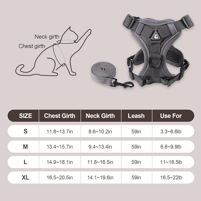 shudyear Summer cat Chest Harness and Leash, Anti-Escape Adjustable Soft mesh cat Leash and Chest Harness Set for All Types of Cats cat Vests (L)