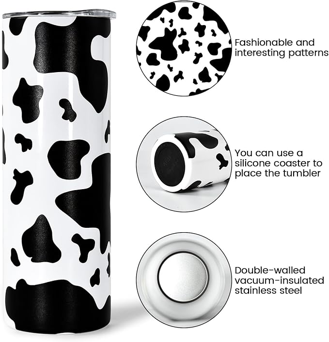 AGH Cow Print Skinny Tumbler with Lid and Straw,20 OZ Straight Stainless Steel Insulated Skinny Cups, Vacuum Double Wall Travel Coffee Mug