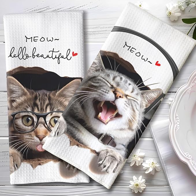 2-Pack Decorative Kitchen Towels Set with Playful Peeking Design-Absorbent&Quick-Drying Dish Towels for Cooking,Bathroom Decor-Funny Cat Lover Gifts for Women,Cute Animal Theme Hand Towels ( Durable)