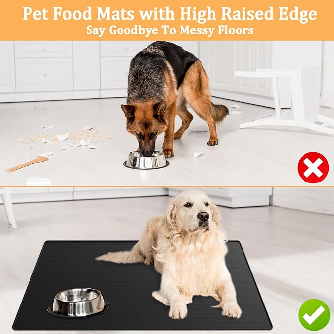 32"x24" Large Silicone Pet Feeding Mat, Waterproof Non-Slip Dog and Cat Bowl Mat for Food & Water, Durable Floor Protector to Prevent Spills, Easy to Clean, Dark Gray