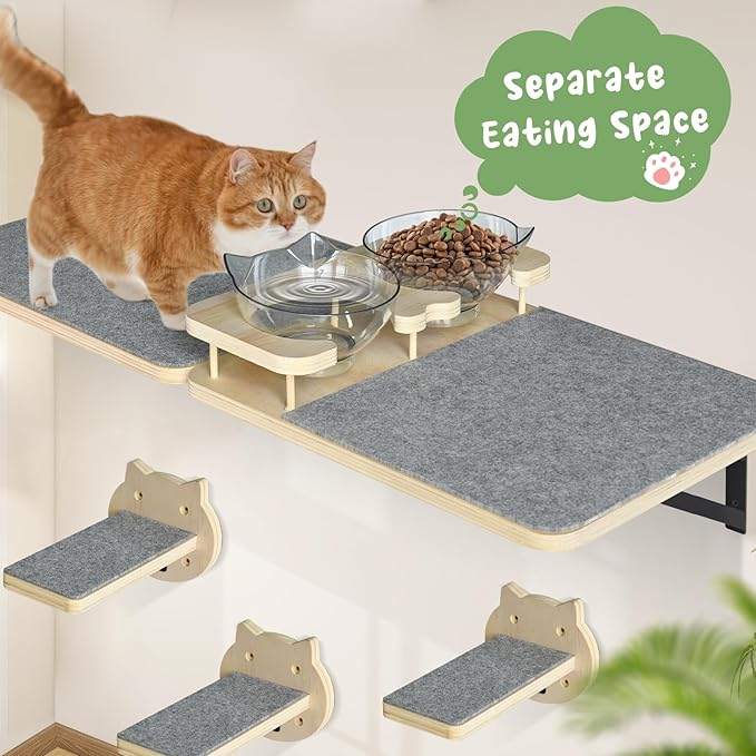Cat Wall Shelves Set of 2, Cat Shelves and Perches for Wall, Cat Shelves Wall Mount for Large Cat, Cat Wall Furniture with 3 Cat Wall Steps, Cat Climbing Shelf, Cat Wall Shelf with 2 Cat Food Shelf