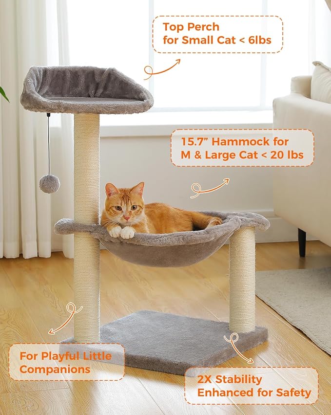 Cat Tree 28" Cat Scratching Post with 15.7" Large Cat Hammock Bed for Indoor Small Cats, Cat Scratcher Cat Toy, Grey