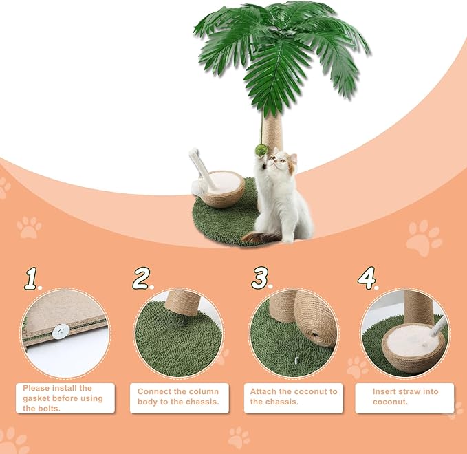 Cat Scratching Post, 27" Tall Scratch Tree Coconut Palm with Premium Sisal Rope, Simulated Leaves and Coconut cat Scratching Ball,Toys for Indoor Kittens and Cats (Cat Teaser Stick)