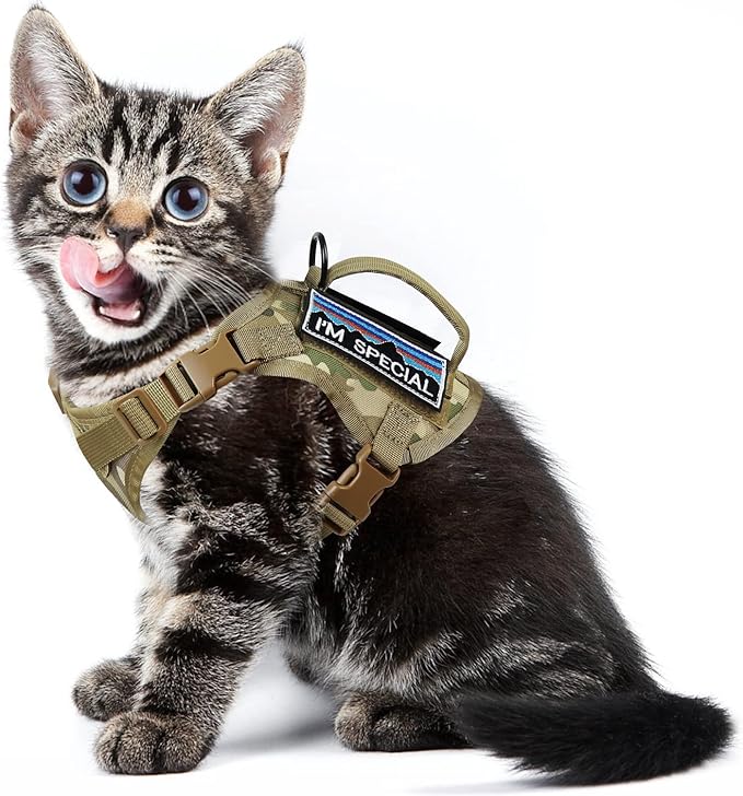 Tactical Cat Harness for Walking, Adjustable Escape Proof Pet Vest for Large Cat,Easy Control Breathable Cat Vest with Handle，Molle Patches (Camo Khaki, L)