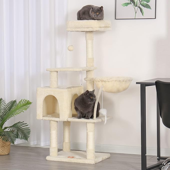 Heybly Cat Tree with Toy, Cat Tower condo for Indoor Cats, Cat House with Padded Plush Perch, Cozy Hammock and Sisal Scratching Posts, Beige HCT004M