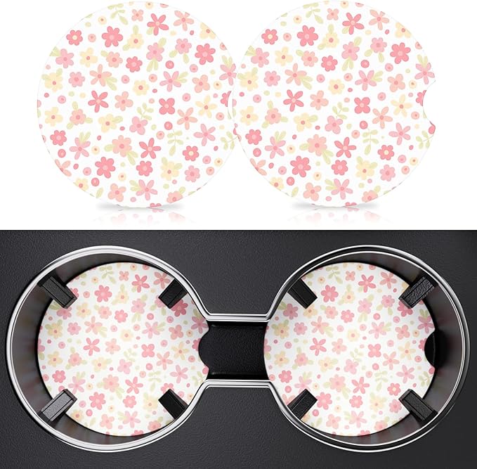 2 Pack Car Cup Holder Coaster, 2.63 inch Anti Slip Insert Absorbent Ceramic Car Coaster with Cork Base and Finger Notch, Cute Car Accessories Interior for Women, Cute Car Coasters.