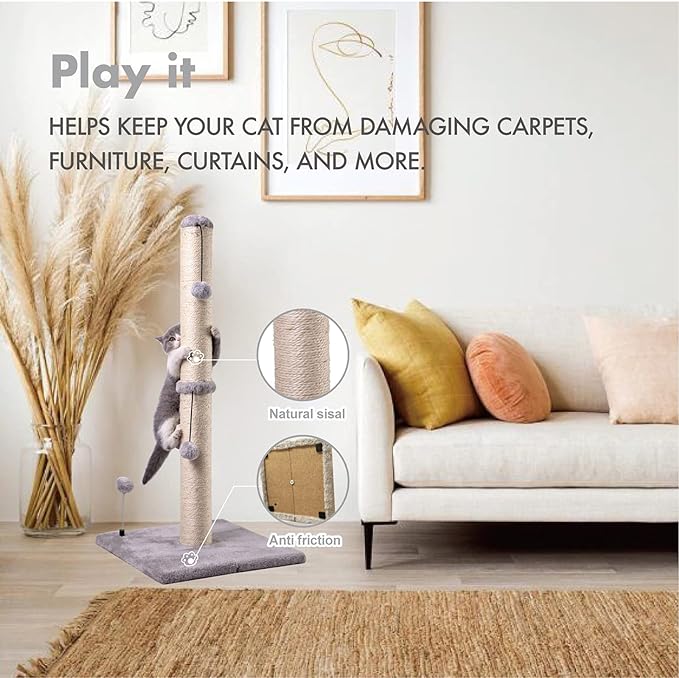 MECOOL 34“ Tall Cat Scratching Post Premium Basics Kitten Scratcher Sisal Scratch Posts Trees with Hanging Ball for Indoor Cats (34 inches for Adult Cats, Gray)