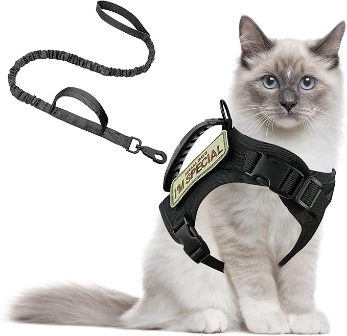 Tactical Cat Harness for Walking Escape Proof, Adjustable Pet Vest Harness, Soft Mesh with Control Handle for Large Cat Small Dog, Gift with Patch