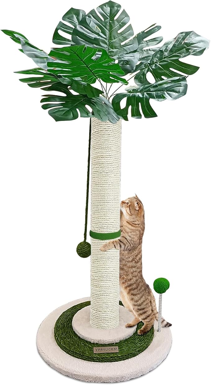 Cat Scratching Post 38" Tall Scratching Post for Indoor Cats Cat Scratcher Cat Tree Wrapped Sisal Rope Large Cat Scratching Post Cute Cat Scratching with Interactive Dangling Balls and Spring Ball